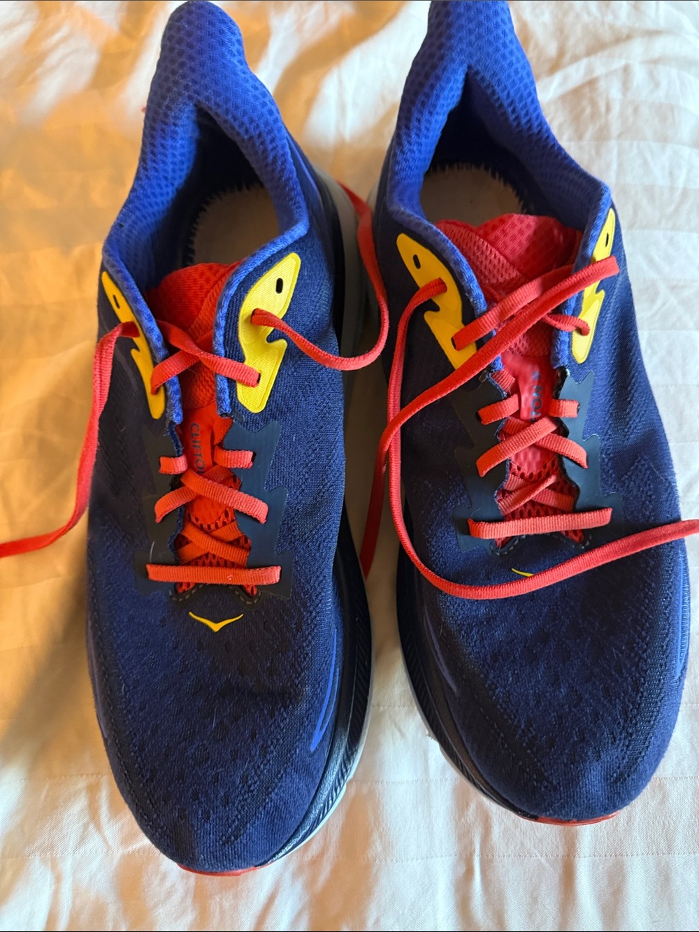 Hoka Clifton Men's Running Shoes - Blue with Red & Yellow Accents